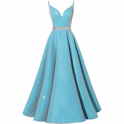 Women Prom Dress Long V-Neck Spaghetti Beaded Belt Formal Evening Ball Gowns