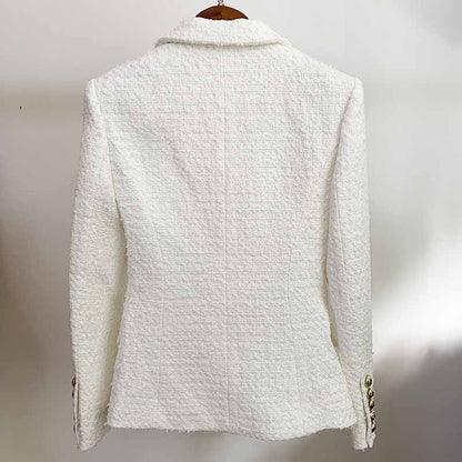Women's Luxury Double breasts Fitted Tweed Blazer Golden Lion Buttons White