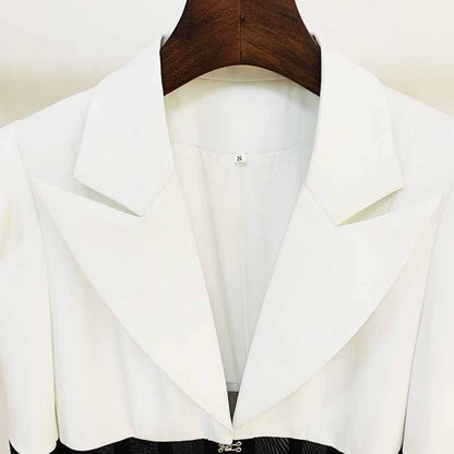 Women White Black Blazer + Flare Trousers Suit