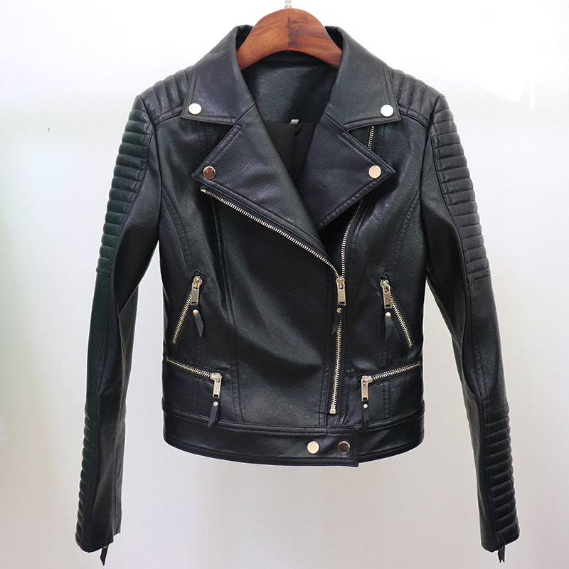 Women Black Zipper Leather Jacket Moto Biker Blazer