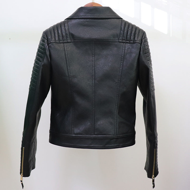Women Black Zipper Leather Jacket Moto Biker Blazer