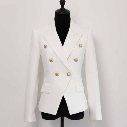 Women's Luxury Fitted Blazer Golden Lion Buttons Coat White Color