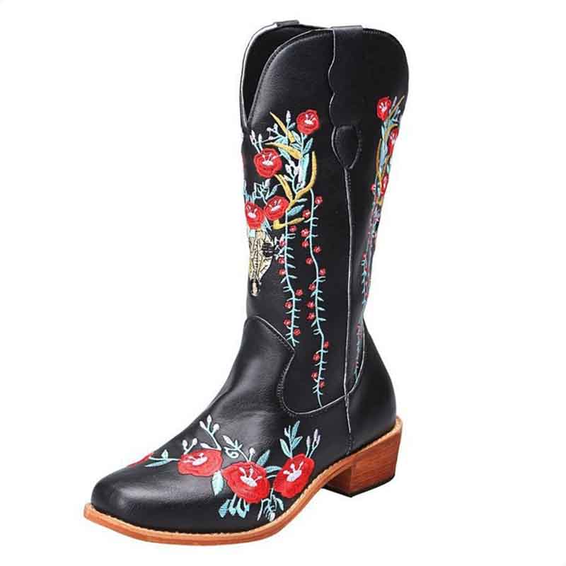 Embroidered Cowboy Boots for Women Pull-On Western Mid-Calf Boots