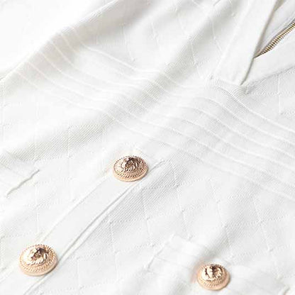 Women White Button-up Knitted Minidress V Neck Long Sleeves ribbed-knit Dress