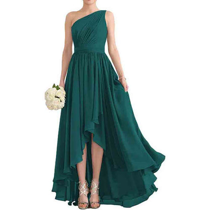 Women's One Shoulder Bridesmaid Dresses High Low Chiffon Evening Formal Gown with Pockets