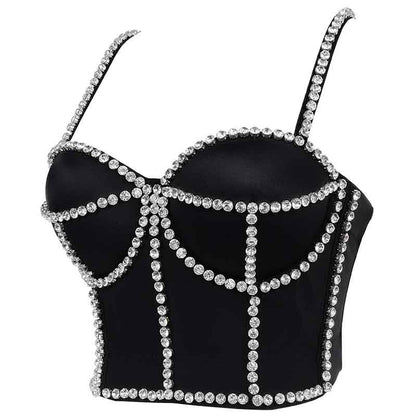 Womens Crop Tops Rhinestone Strap Push Up Corset Bra Dance Tank
