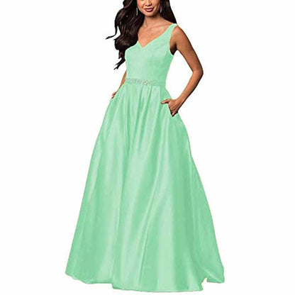 Women's Satin Bridesmaid Dress With Pocket Long Formal Evening Party Maxi Dress