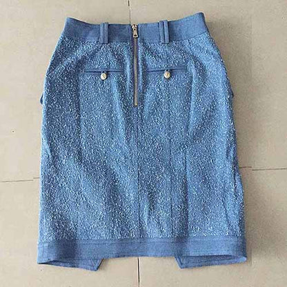 Women Blue Jean Skirt Lion Button Split Irregular Denim Skirt
