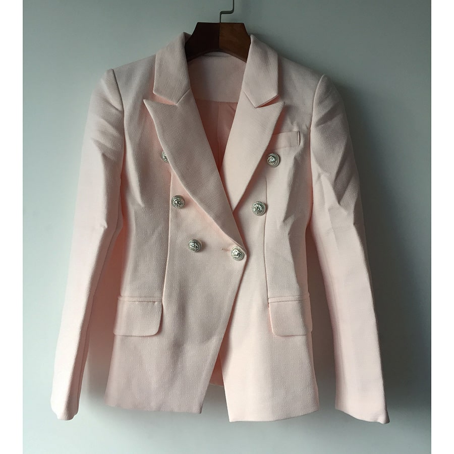 Women's Fitted Gold Lion Buttons Fitted Jacket Formal Pink Blazer