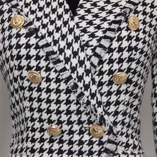 Womens Houndstooth Check Coat Fitted Fringe Tassel Golden Lion Buttons Blazer Jacket