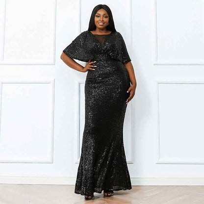 Women's Plus Size Shinny Sequin Black Evening Dress Sleeve Prom Gown