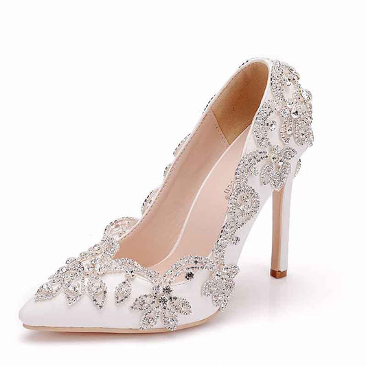 Women's Stiletto High Heel Dress Pumps Bridal Wedding Shoes with Rhinestone