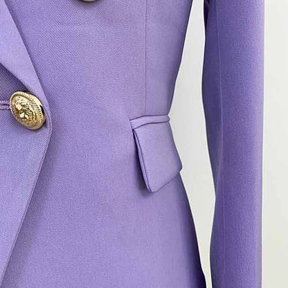 Women's Purple Textured Luxury Fitted Double Breasted Blazer with Lion Buttons