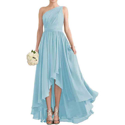 Women's One Shoulder Bridesmaid Dresses High Low Chiffon Evening Formal Gown with Pockets