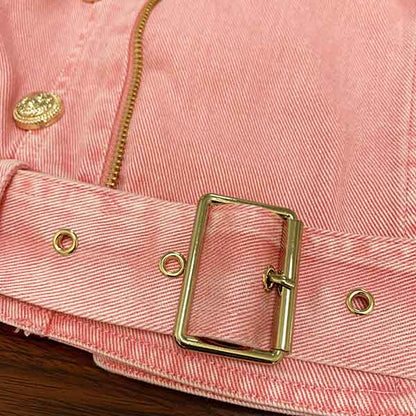 Women's Golden Lion Buttons Belted Denim Biker Jacket Coat Pink