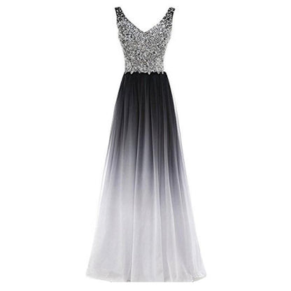 Gradient Formal Evening Gowns Beaded Ombre Chiffon Long Prom Dresses