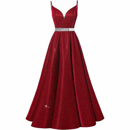 Women Prom Dress Long V-Neck Spaghetti Beaded Belt Formal Evening Ball Gowns