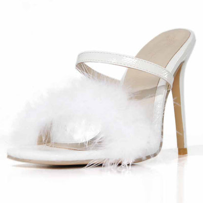 White Fluffy High Heels Slippers Shoes for a Lady to Wear to a Summer Party