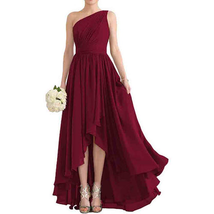 Women's One Shoulder Bridesmaid Dresses High Low Chiffon Evening Formal Gown with Pockets