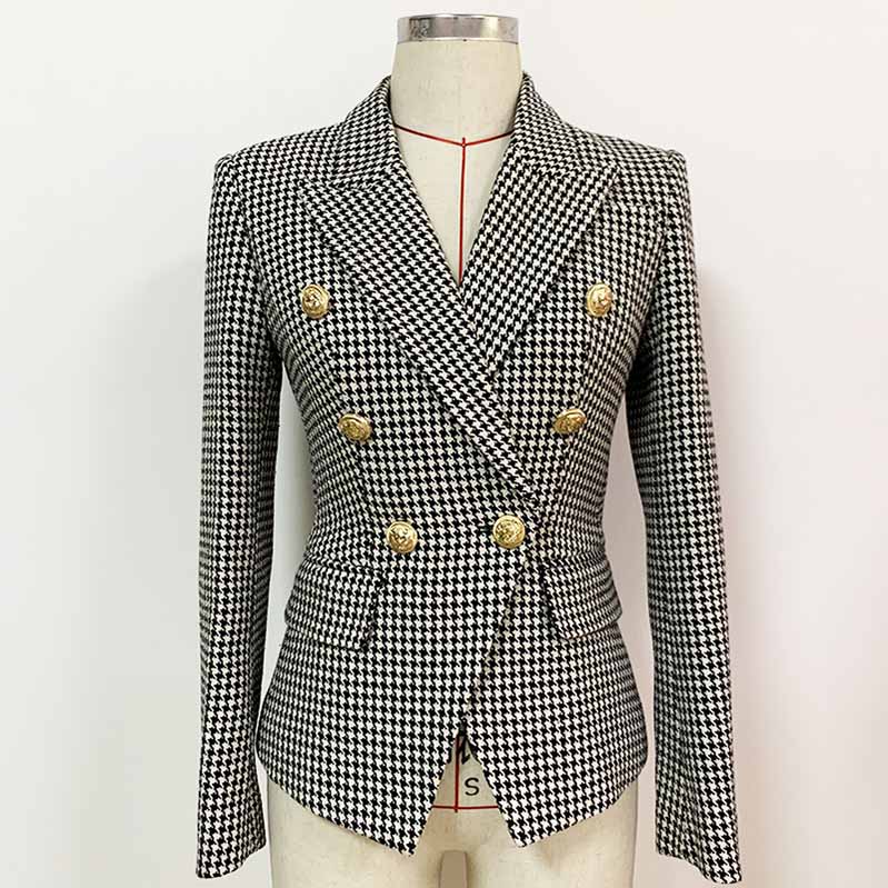 Women's Double Breasted Coat Check Long Sleeve Plaid Blazer Coat