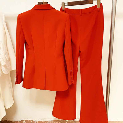 Women's Red Pantsuit Blazer+High Waisted Flare Pants Suit Wedding Pantsuit