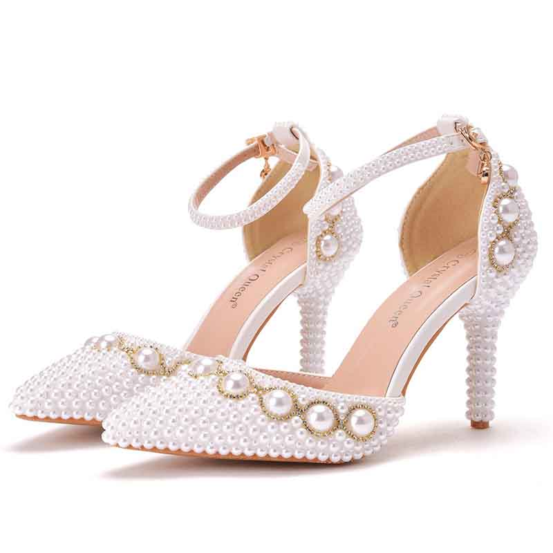 Women Pearl Studded Wedding Heels Medium Heel Bridal Wedding Party Shoes