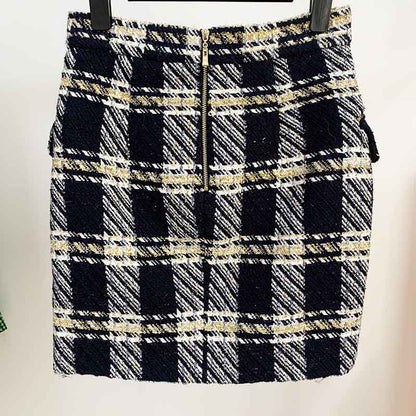 Women Yellow Houndstooth Check Shorts Gold-tone Mini Tweed Shorts