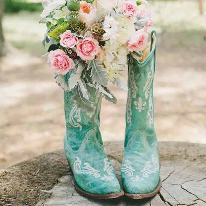 Women's Western Cowboy Boots Embroidered Green Mid-calf Boots