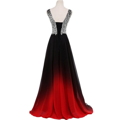 Gradient Formal Evening Gowns Beaded Ombre Chiffon Long Prom Dresses