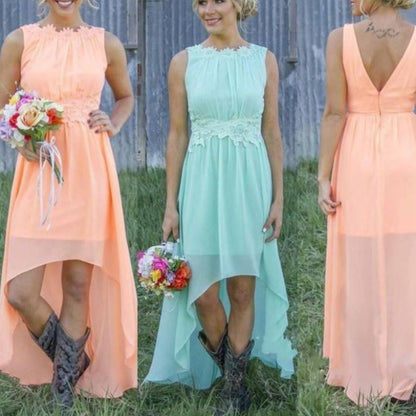 sd-hk High Low Lace Chiffon Bridesmaid Dress Blue