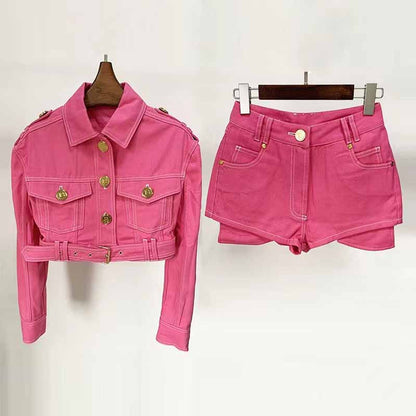 Pink Denim Two Piece Suits Jacket for Women Short Denim Jacket With Mini Shorts