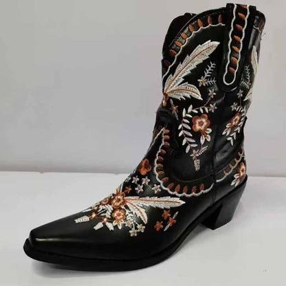 Embroidered Western Mid-calf Boots Walking Boots
