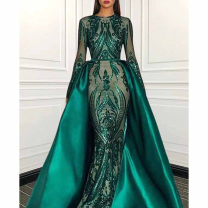 Women Satin Mermaid Prom Evening Party Dress Gown Detachable Train