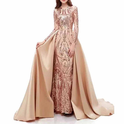 Women Satin Mermaid Prom Evening Party Dress Gown Detachable Train