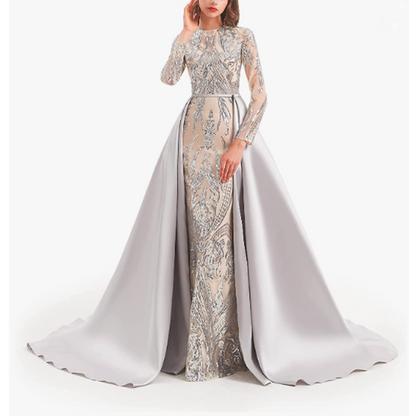 Women Satin Mermaid Prom Evening Party Dress Gown Detachable Train