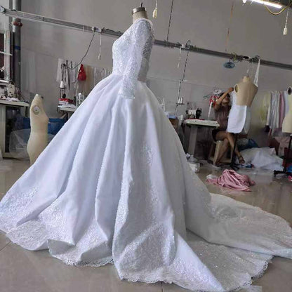 Ball Gown Lace High Neck Long Sleeves Chapel Train Wedding Dresses