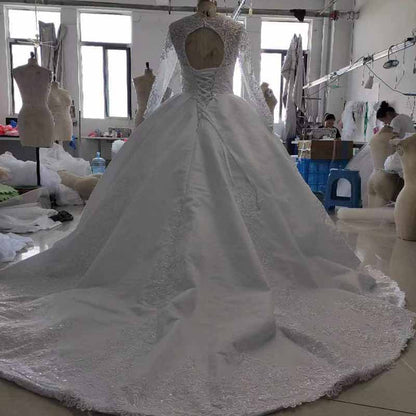 Ball Gown Lace High Neck Long Sleeves Chapel Train Wedding Dresses