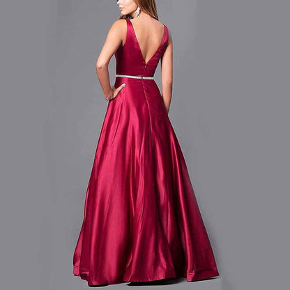 Women's V neck Satin Prom Dresses Sleeveless Formal Party Gowns Bridesmaid Dress