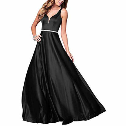 Women's V neck Satin Prom Dresses Sleeveless Formal Party Gowns Bridesmaid Dress