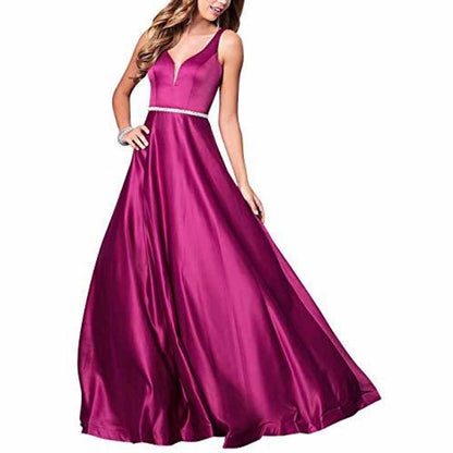 Women's V neck Satin Prom Dresses Sleeveless Formal Party Gowns Bridesmaid Dress