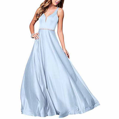 Women's V neck Satin Prom Dresses Sleeveless Formal Party Gowns Bridesmaid Dress