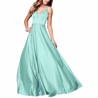 Women's V neck Satin Prom Dresses Sleeveless Formal Party Gowns Bridesmaid Dress