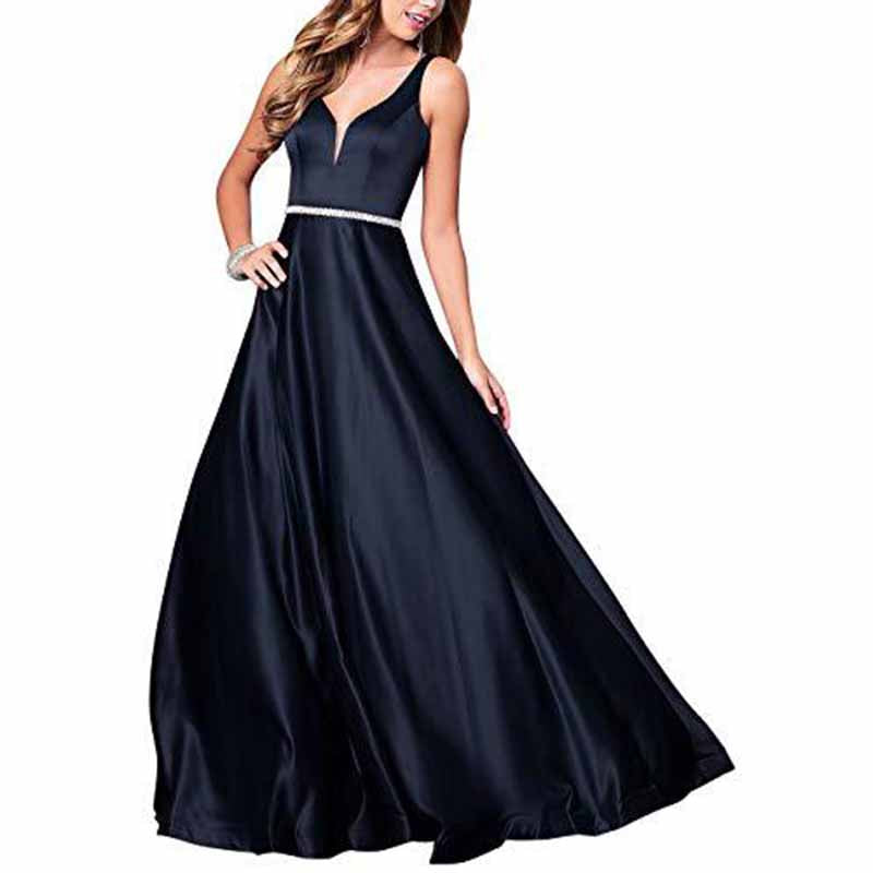 Women's V neck Satin Prom Dresses Sleeveless Formal Party Gowns Bridesmaid Dress