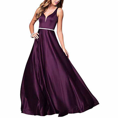 Women's V neck Satin Prom Dresses Sleeveless Formal Party Gowns Bridesmaid Dress