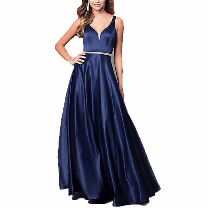 Women's V neck Satin Prom Dresses Sleeveless Formal Party Gowns Bridesmaid Dress