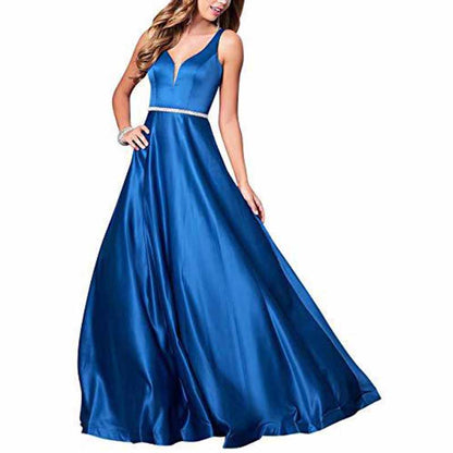 Women's V neck Satin Prom Dresses Sleeveless Formal Party Gowns Bridesmaid Dress