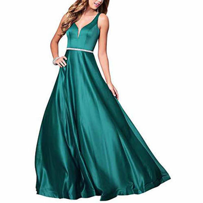 Women's V neck Satin Prom Dresses Sleeveless Formal Party Gowns Bridesmaid Dress