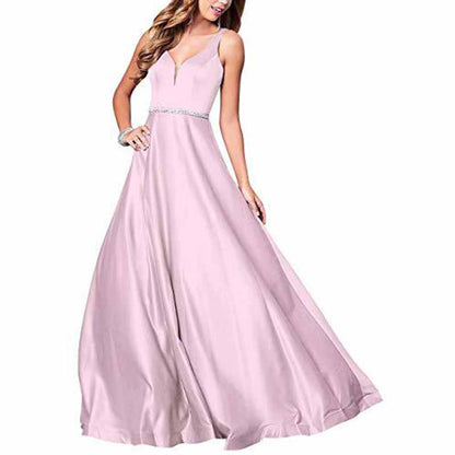 Women's V neck Satin Prom Dresses Sleeveless Formal Party Gowns Bridesmaid Dress