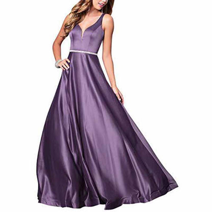 Women's V neck Satin Prom Dresses Sleeveless Formal Party Gowns Bridesmaid Dress