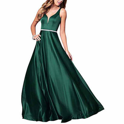 Women's V neck Satin Prom Dresses Sleeveless Formal Party Gowns Bridesmaid Dress